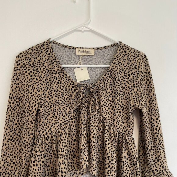 NEW NWT PEACH LOVE CALIFORNIA Tan Brown Black Dotted Long Bell Sleeve Blouse S - Picture 5 of 14